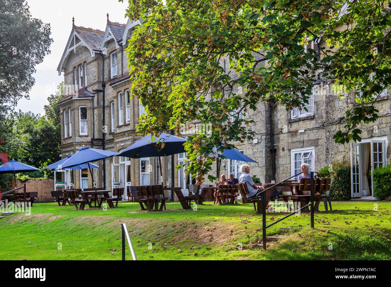 Historic Daish`s Hotel with terrace in the Old Village of Shanklin, Isle of Wight, Hampshire, Great Britain, England Stock Photo
